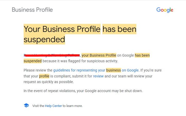 Your Business Profile has been suspended